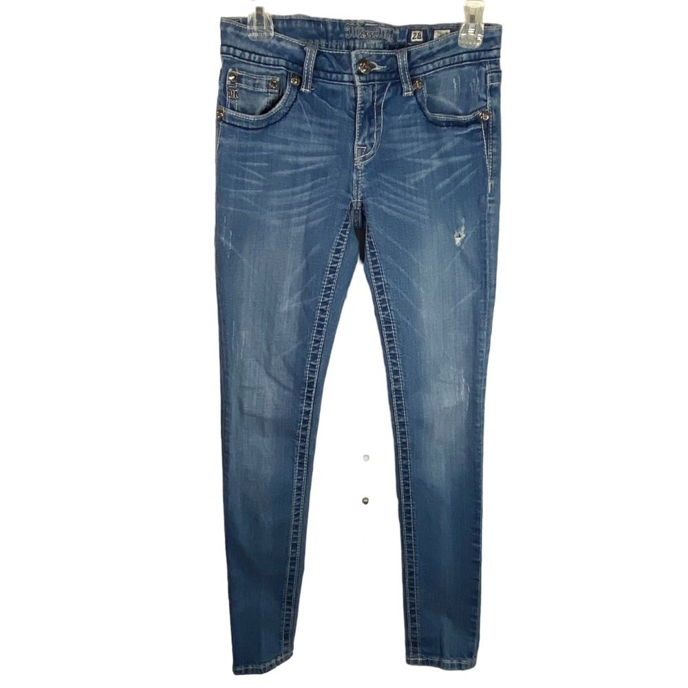 Miss Me Skinny Jeans Womens Sz 28 Medium Wash‎ Thick Stitch Studed Bling JP61035